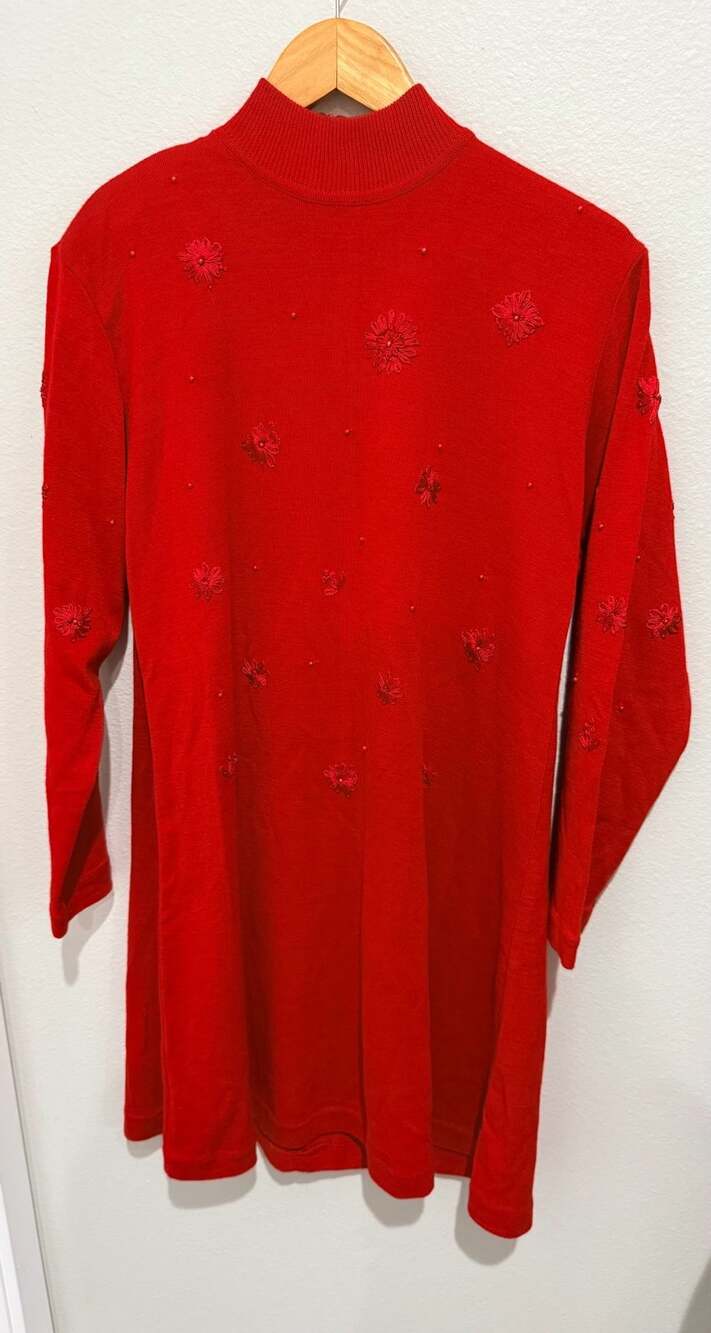 Karin Stevens Vintage Red Mock Neck Floral Embroidered  Dress Size M